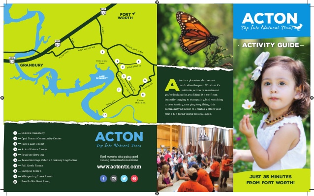 Acton’s visitor activity brochure, showing a regional map, a butterfly, and local attractions