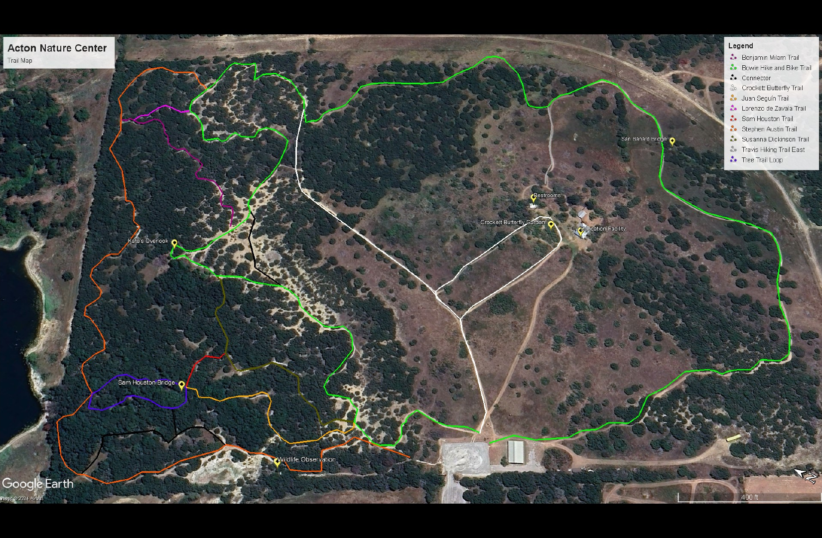 ANC aerial trail map with eleven routes, the garden and education area, bridges, overlook, and wildlife observation area. Read the text guide below for the labels and layout.